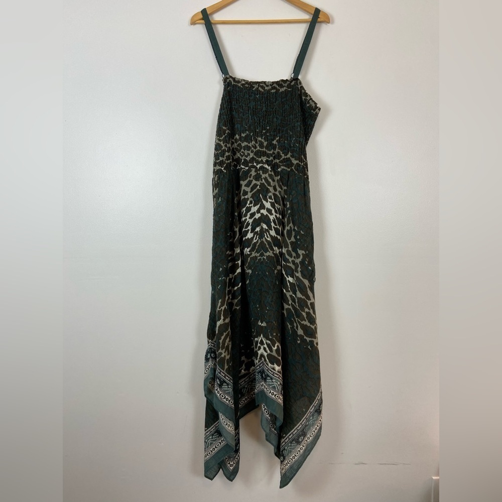 Soft Surroundings Green and Cream Maxi Dress with Handkerchief Hem